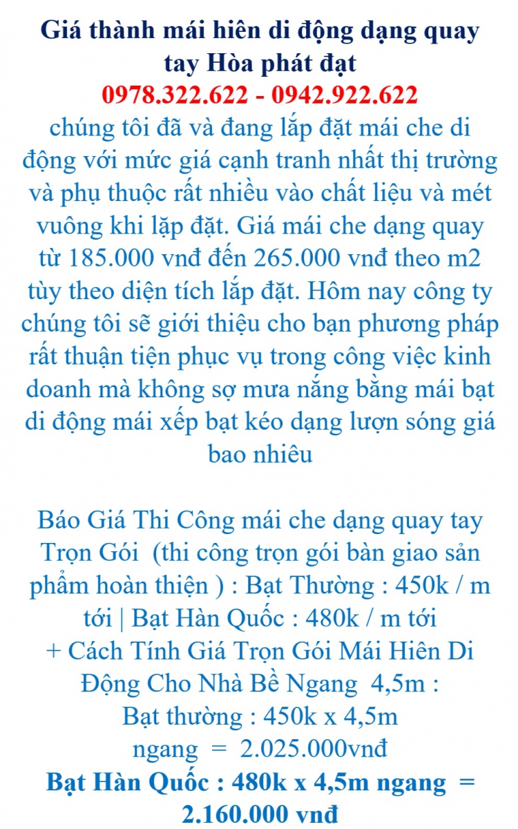 bảng giá mái hiên di động