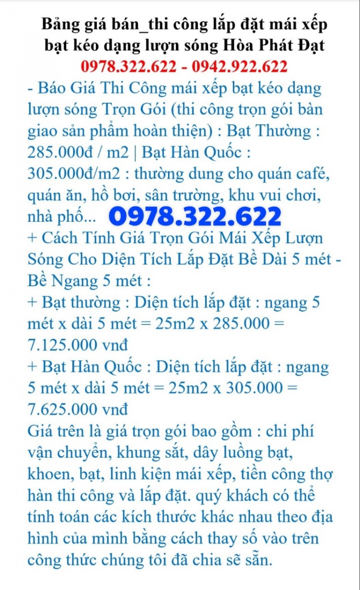 bảng báo giá mái xếp lượn sóng, mái bạt xếp, mái bạt kéo