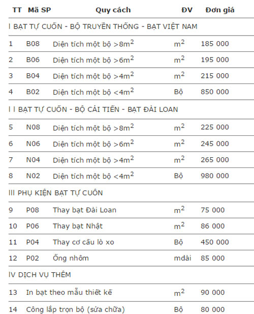 bảng giá phụ kiện mái hiên quay tay