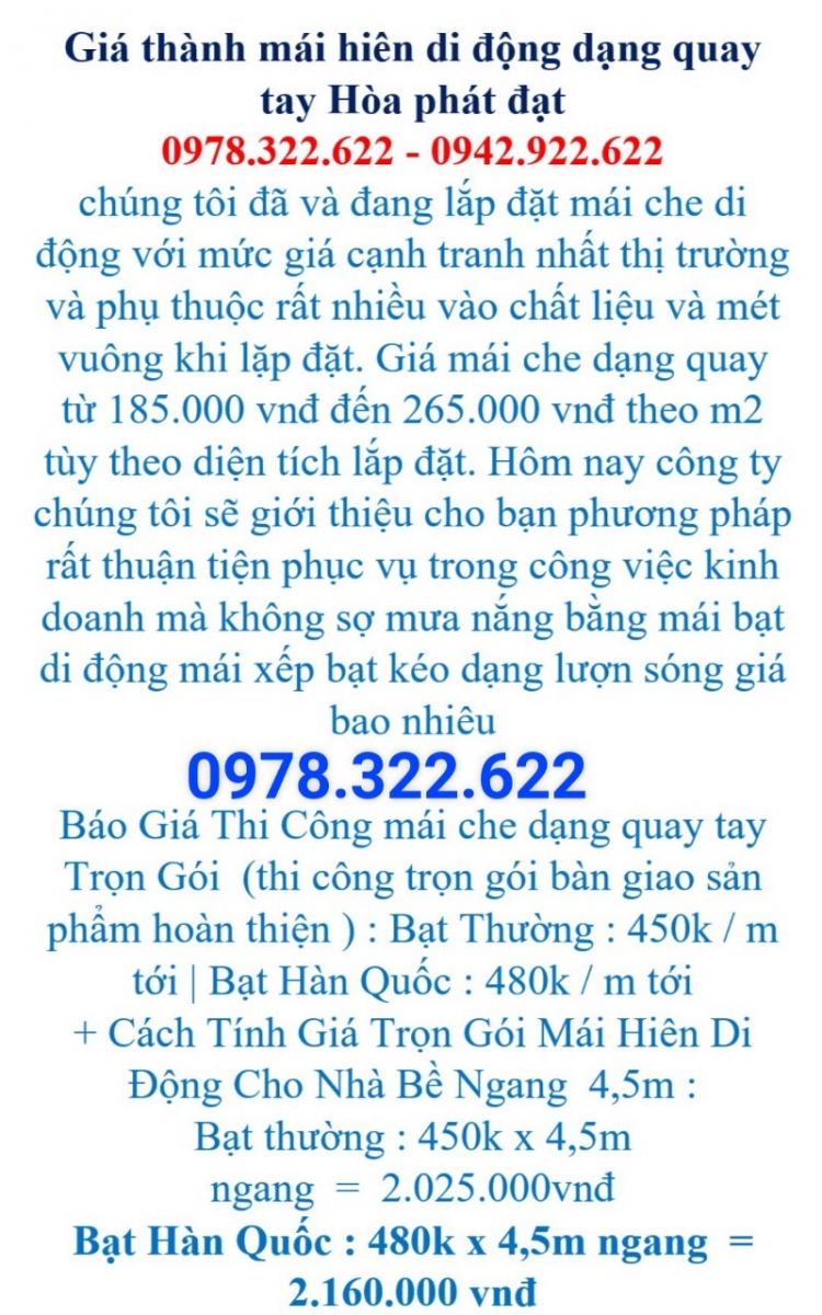 bảng báo giá mái hiên quay tay giá rẻ