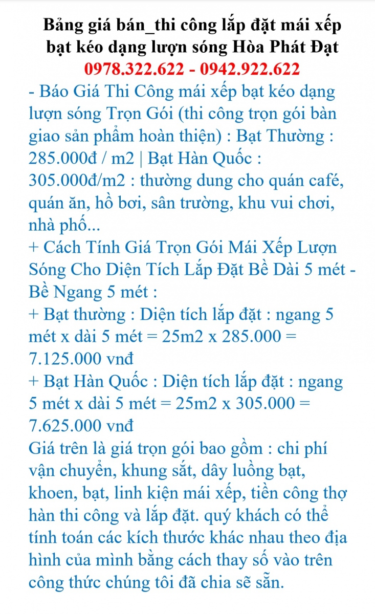 bảng giá lắp đặt mái xếp lượn sóng